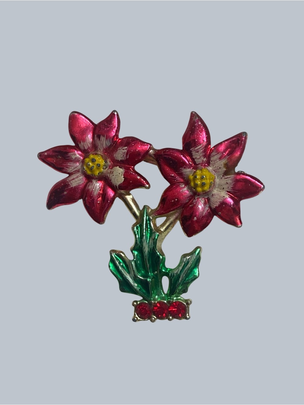 Vtg BJ Christmas Poinsettia Holly Brooch Red Green Enamel Rhinestone Signed